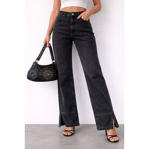 PrettyLittleThing Split Hem High Rise Jeans Women 8P Black Turn Up Denim NWT